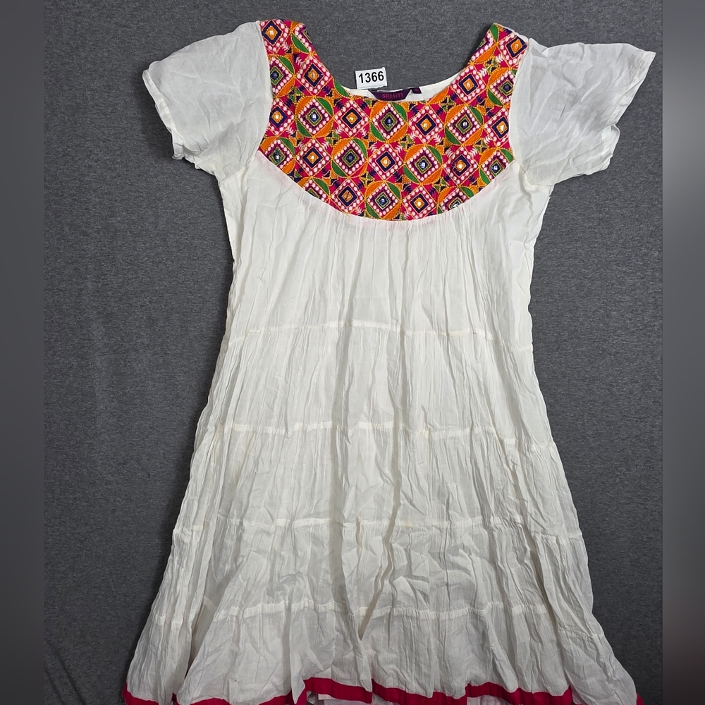 White Maxi Dress with Colorful Embroidery XL. Festival-wear Boho Hippie Ethnic